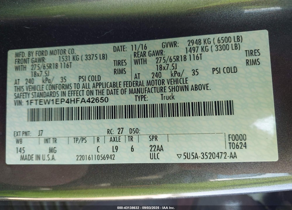 2017 FORD F-150 VIN: 1FTEW1EP4HFA42650