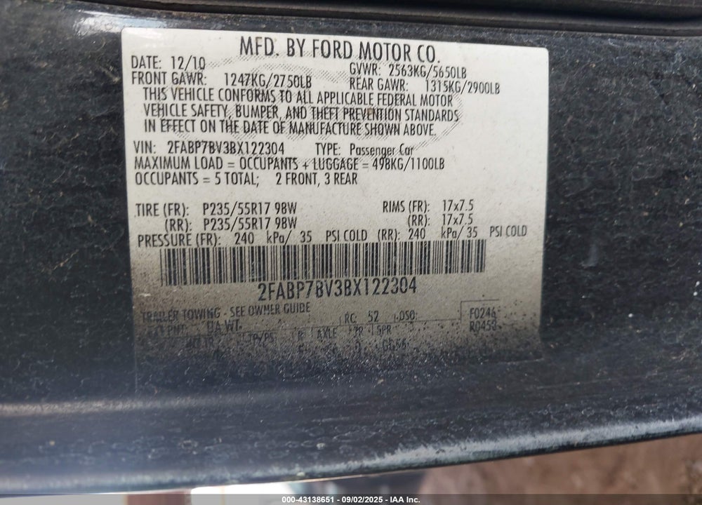 2011 FORD CROWN VICTORIA VIN: 2FABP7BV3BX122304