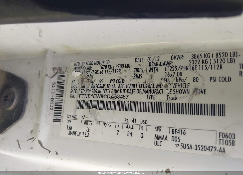 2012 FORD E 150 VIN: 1FTNE1EW8CDA56467