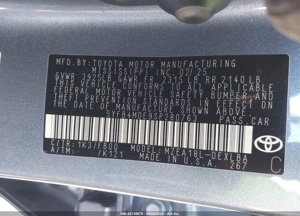 2025 TOYOTA COROLLA LE VIN: 5YFB4MDE9SP280763
