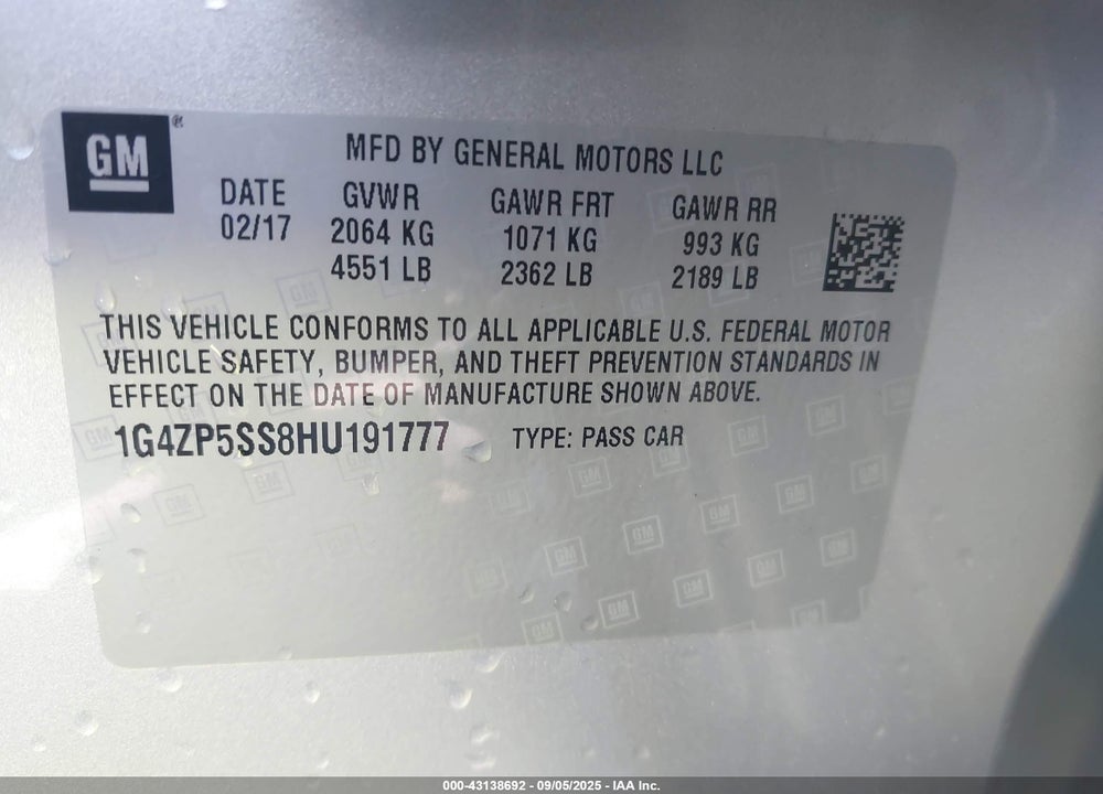 2017 BUICK LACROSSE ESSENCE VIN: 1G4ZP5SS8HU191777