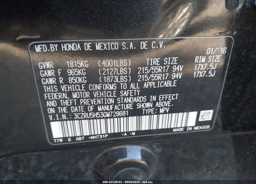 2016 HONDA HR-V VIN: 3CZRU5H53GM728681