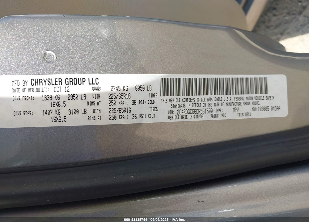 2013 DODGE GRAND CARAVAN VIN: 2C4RDGCG6DR581500