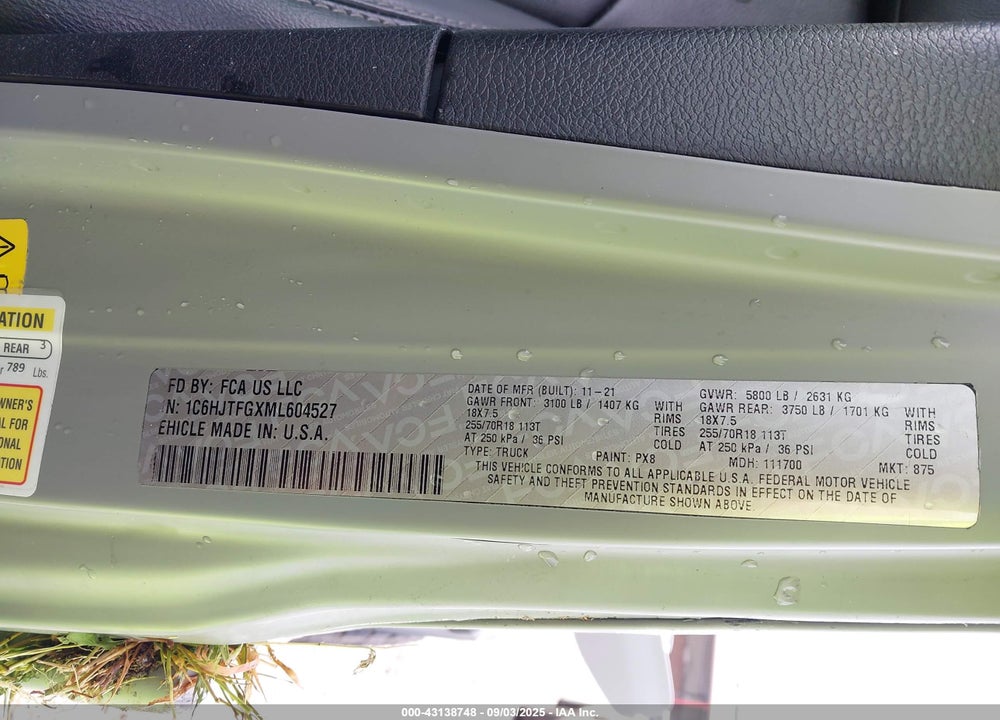 2021 JEEP GLADIATOR OVERLAND 4X4 VIN: 1C6HJTFGXML604527