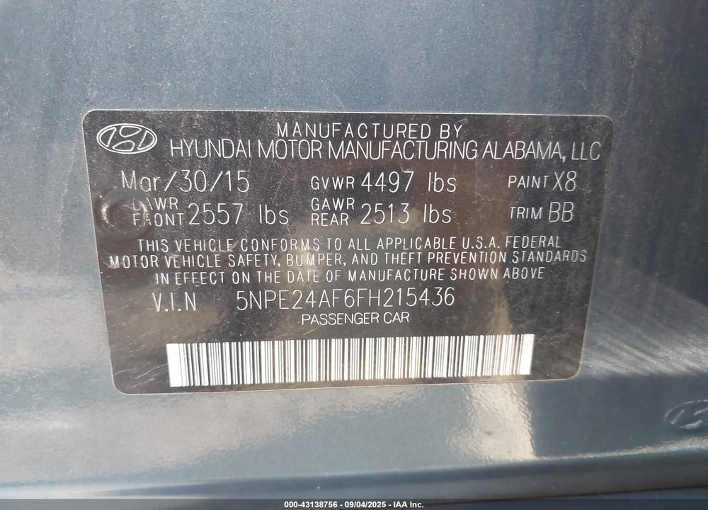 2015 HYUNDAI SONATA VIN: 5NPE24AF6FH215436