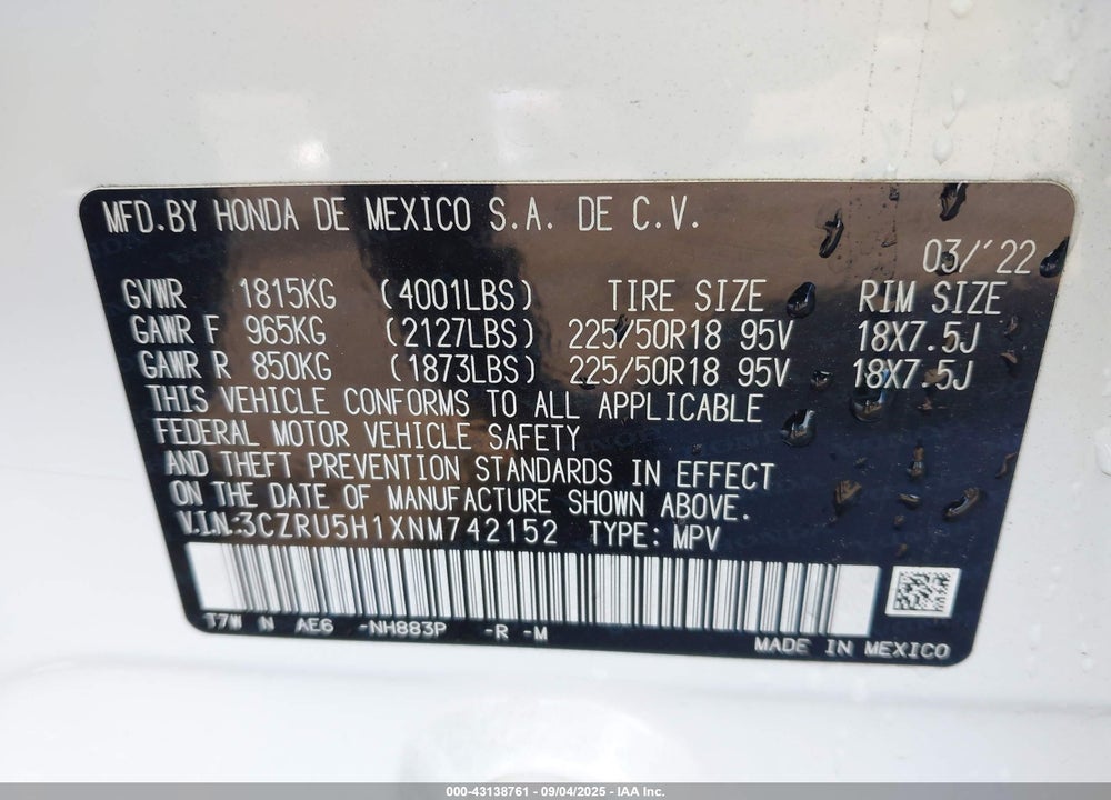 2022 HONDA HR-V 2WD SPORT VIN: 3CZRU5H1XNM742152