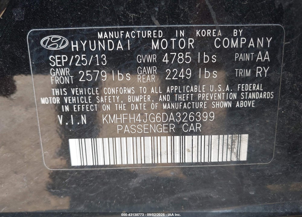 2013 HYUNDAI AZERA VIN: KMHFH4JG6DA326399