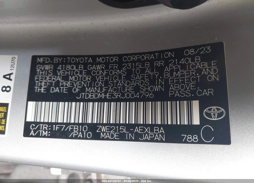 2024 TOYOTA COROLLA VIN: JTDBDMHE3RJ004796
