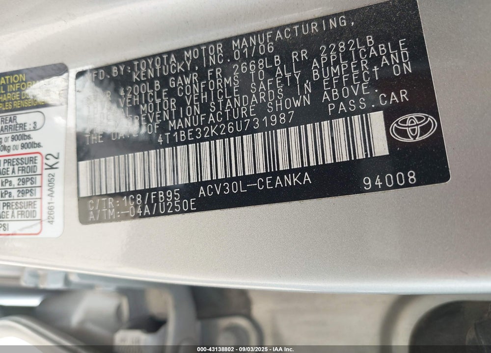 2006 TOYOTA CAMRY LE VIN: 4T1BE32K26U731987