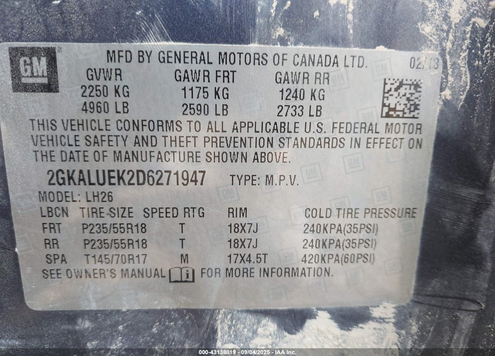 2013 GMC TERRAIN VIN: 2GKALUEK2D6271947