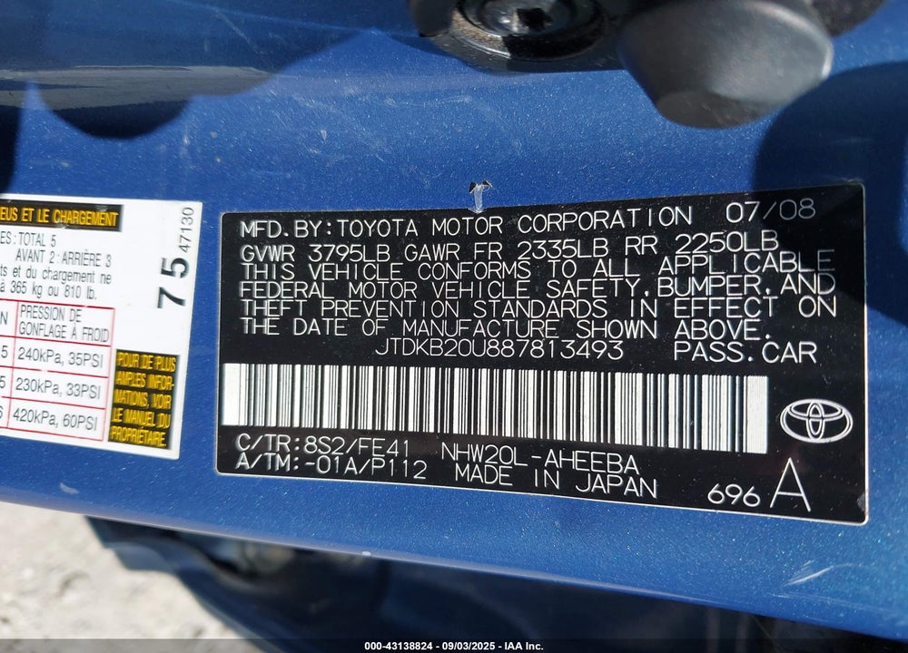 2008 TOYOTA PRIUS VIN: JTDKB20U887813493