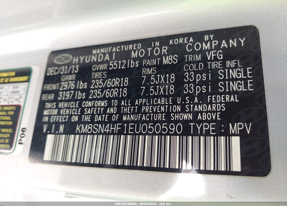 2014 HYUNDAI SANTA FE VIN: KM8SN4HF1EU050590