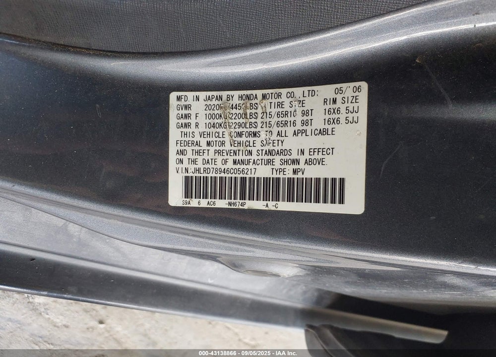 2006 HONDA CR-V VIN: JHLRD78946C056217