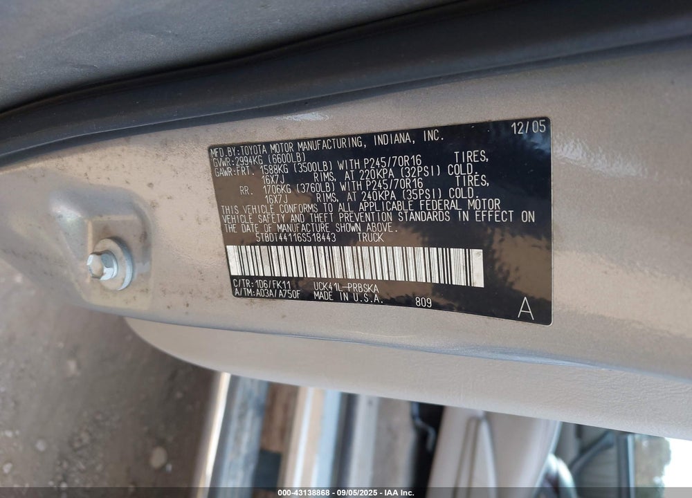 2006 TOYOTA TUNDRA SR5 V8 VIN: 5TBDT44116S518443