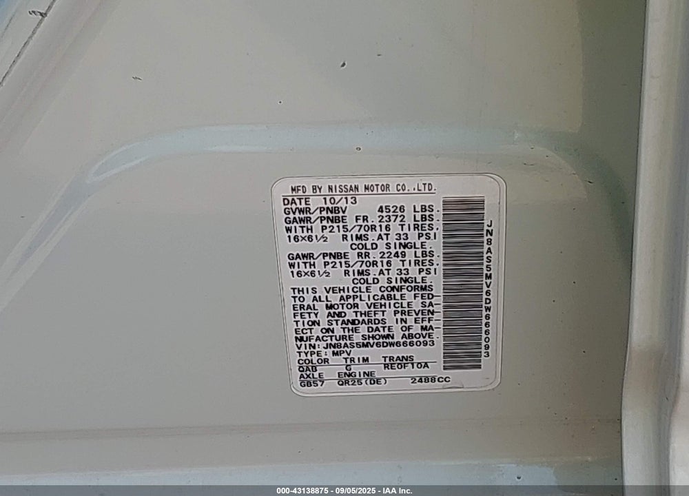 2013 NISSAN ROGUE VIN: JN8AS5MV6DW666093