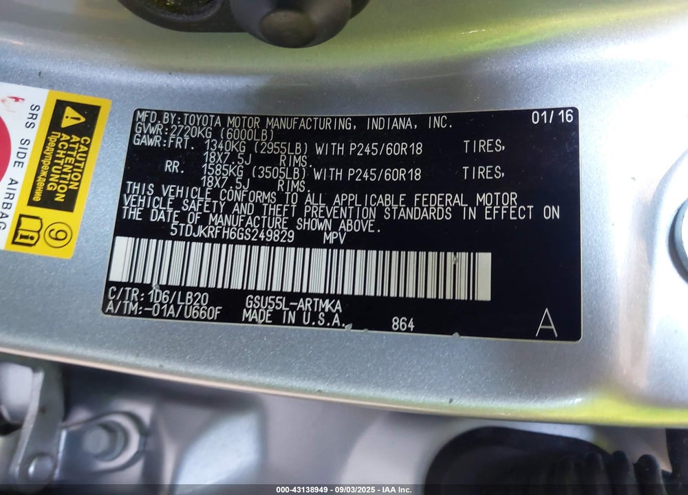 2016 TOYOTA HIGHLANDER VIN: 5TDJKRFH6GS249829