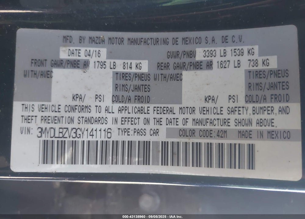 2016 SCION IA VIN: 3MYDLBZV3GY141116