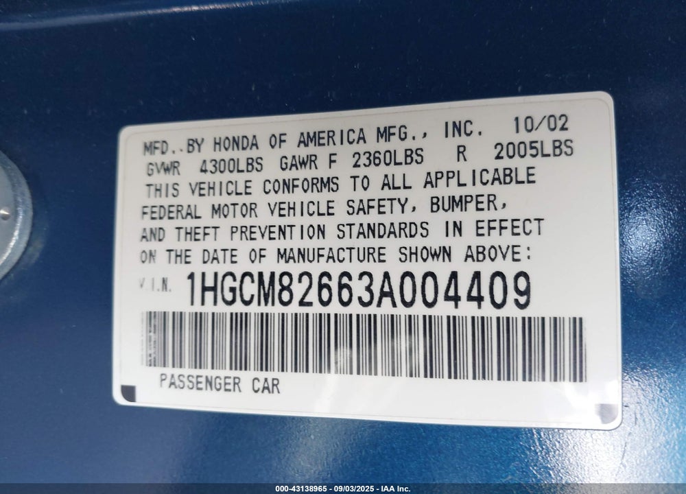 2003 HONDA ACCORD 3.0 EX VIN: 1HGCM82663A004409