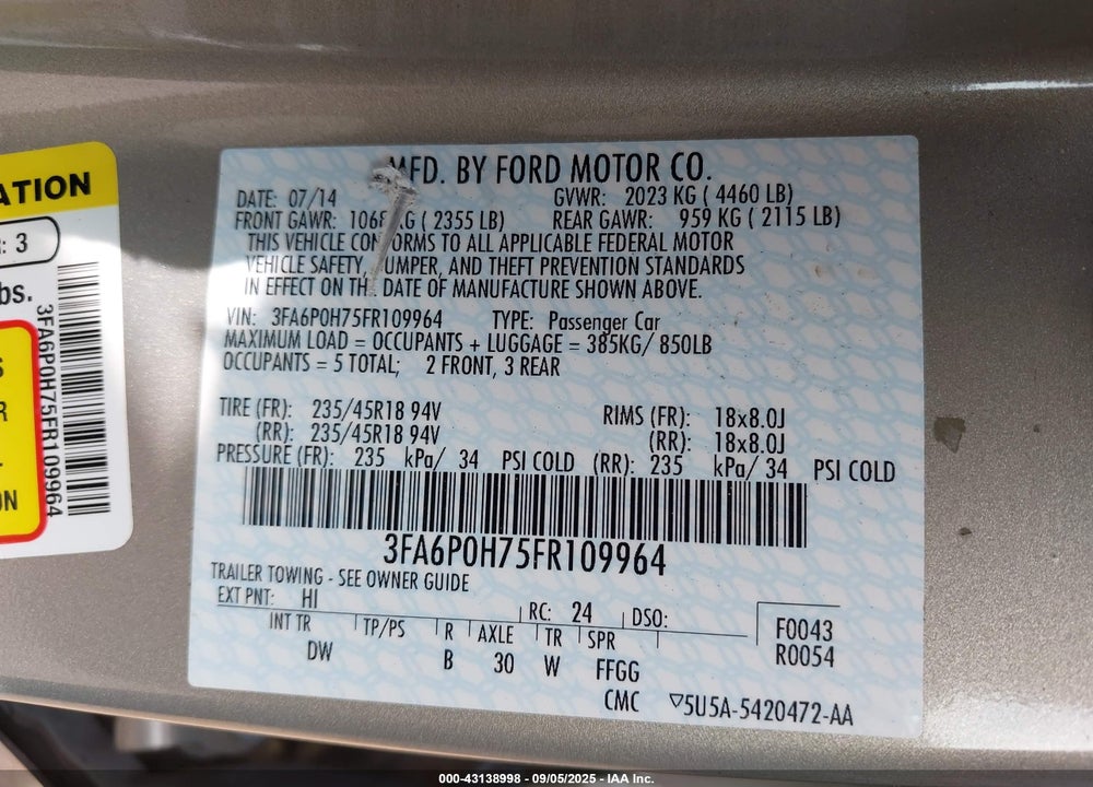 2015 FORD FUSION VIN: 3FA6P0H75FR109964