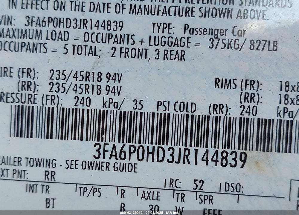 2018 FORD FUSION VIN: 3FA6P0HD3JR144839