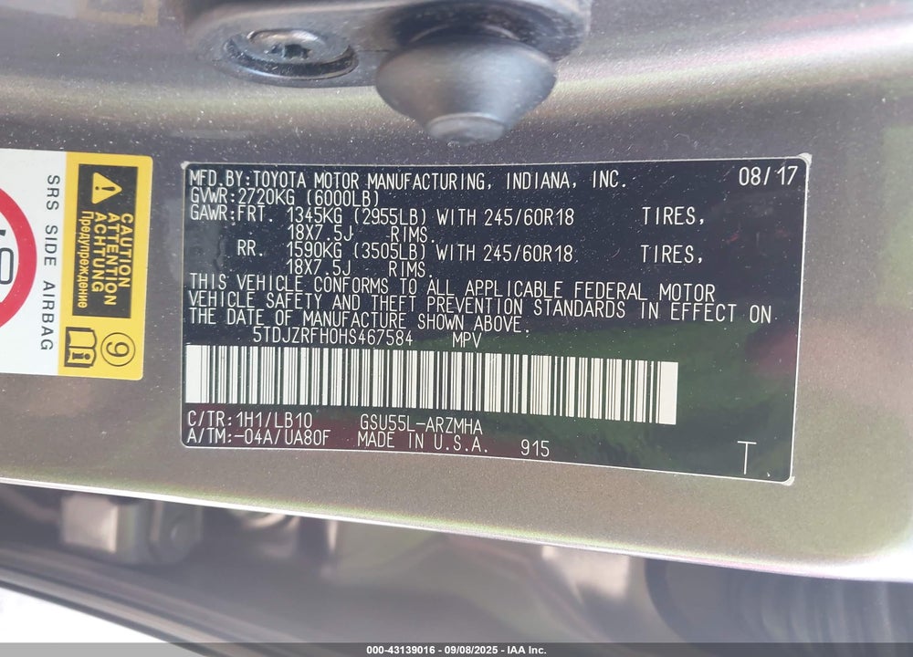 2017 TOYOTA HIGHLANDER VIN: 5TDJZRFH0HS467584