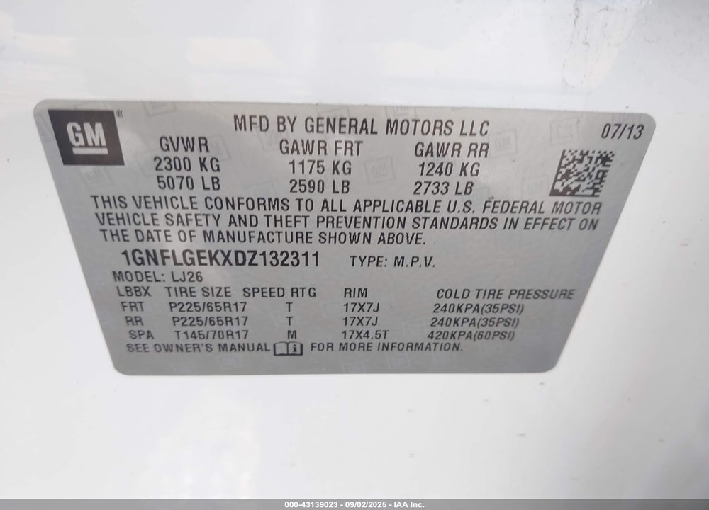 2013 CHEVROLET EQUINOX LTZ VIN: 1GNFLGEKXDZ132311