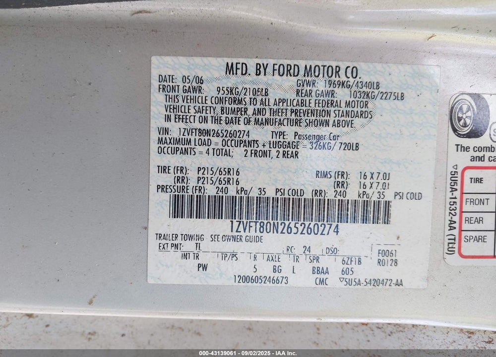 2006 FORD MUSTANG V6 VIN: 1ZVFT80N265260274