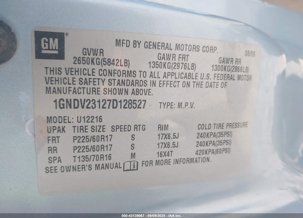 2007 CHEVROLET UPLANDER LS VIN: 1GNDV23127D128527