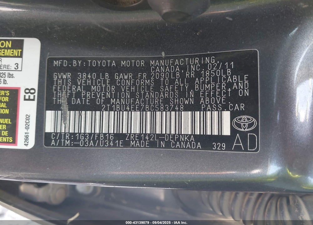 2011 TOYOTA COROLLA VIN: 2T1BU4EE7BC583748