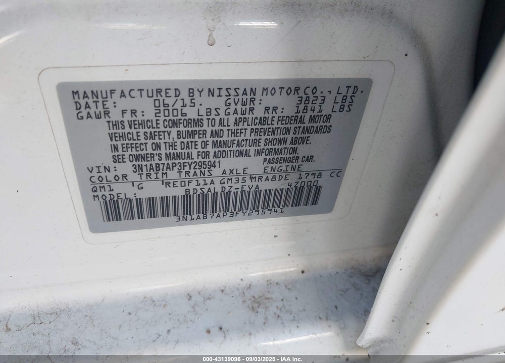 2015 NISSAN SENTRA VIN: 3N1AB7AP3FY295941