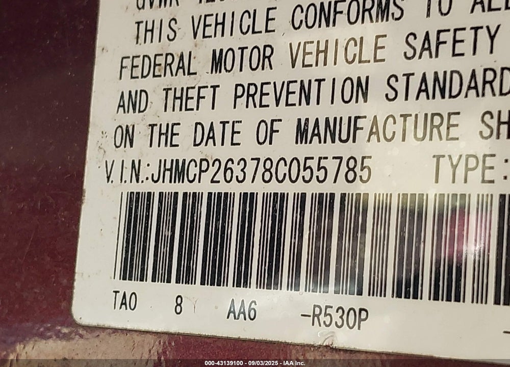 2008 HONDA ACCORD VIN: JHMCP26378C055785
