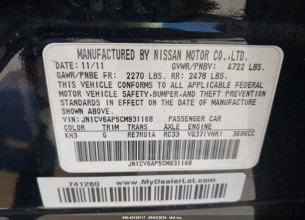 2012 INFINITI G37 VIN: JN1CV6AP5CM931168
