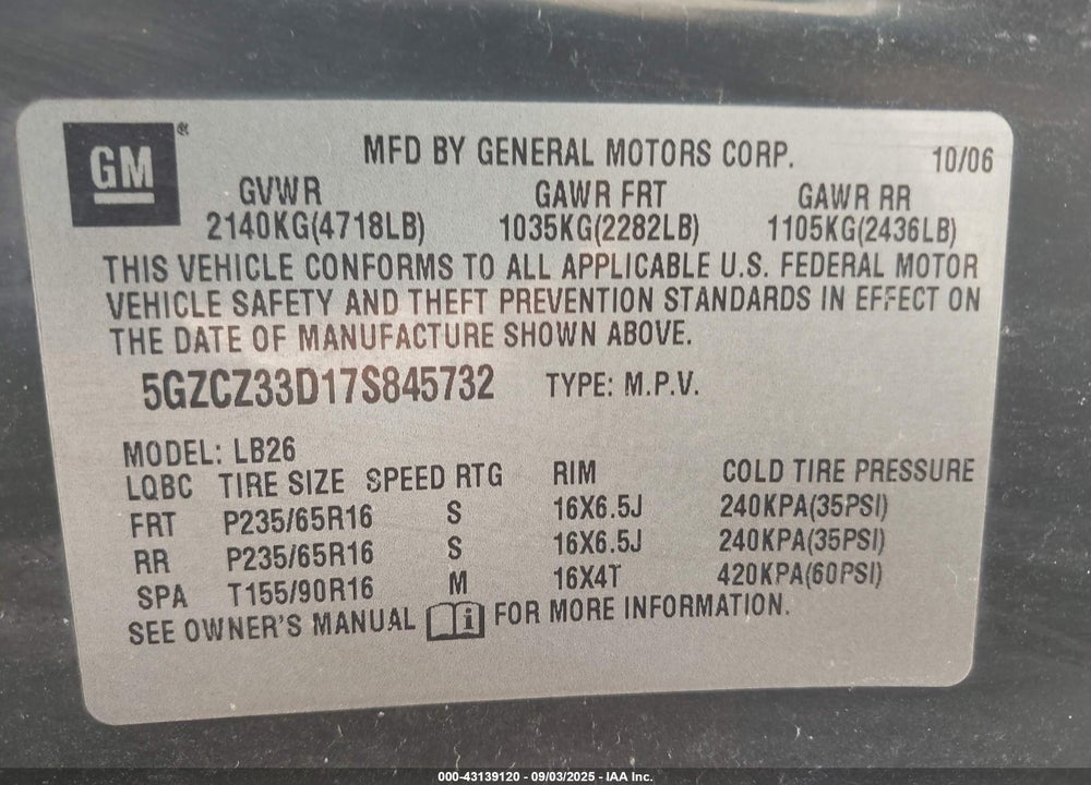 2007 SATURN VUE 4 CYL VIN: 5GZCZ33D17S845732