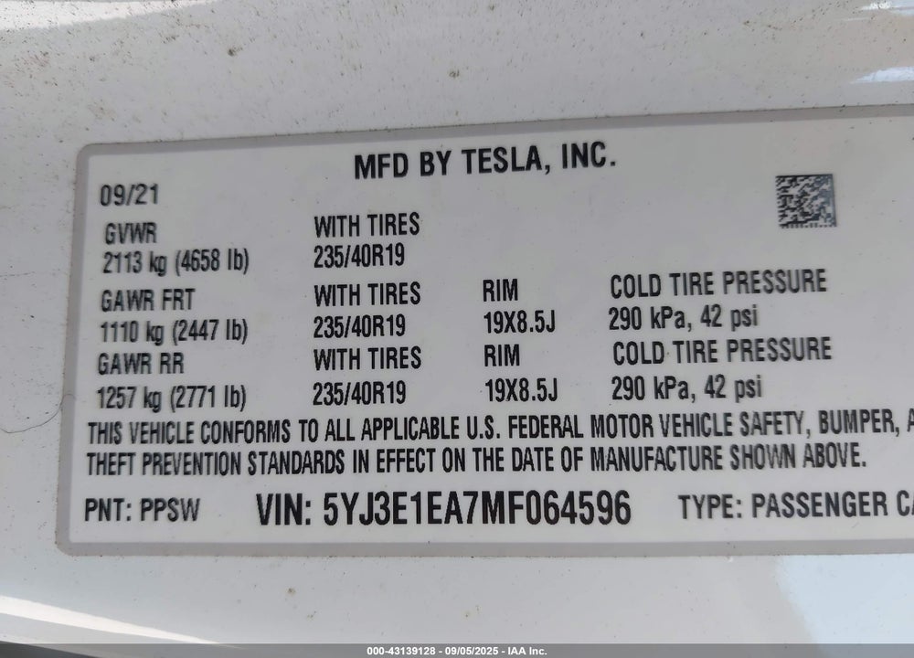 2021 TESLA MODEL 3 VIN: 5YJ3E1EA7MF064596
