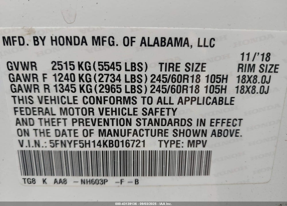 2019 HONDA PILOT VIN: 5FNYF5H14KB016721