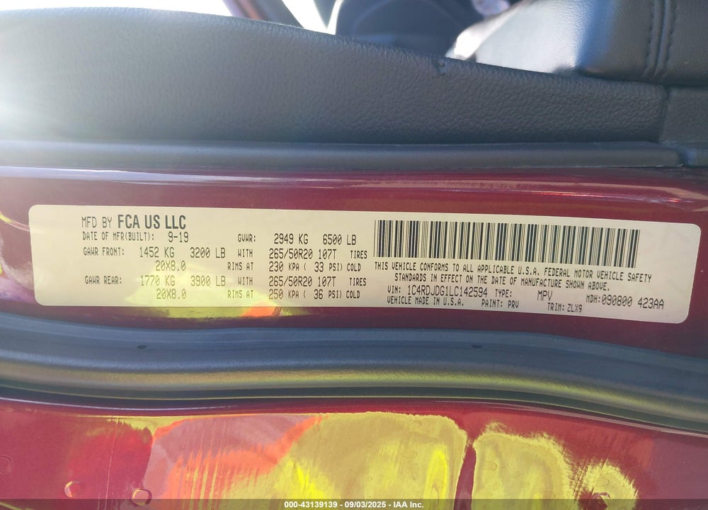2020 DODGE DURANGO GT PLUS AWD VIN: 1C4RDJDG1LC142594
