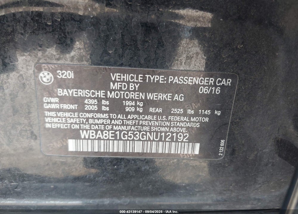 2016 BMW 3 SERIES VIN: WBA8E1G53GNU12192
