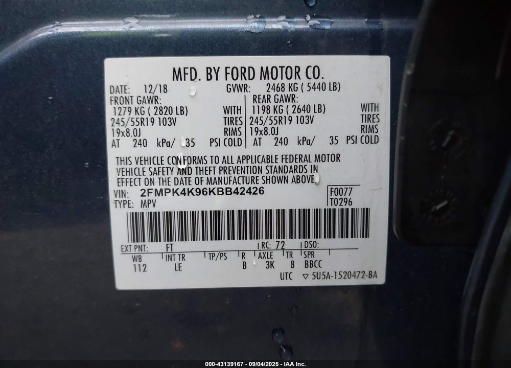 2019 FORD EDGE VIN: 2FMPK4K96KBB42426