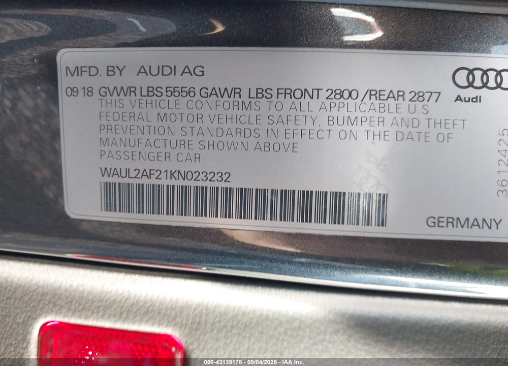 2019 AUDI A6 VIN: WAUL2AF21KN023232