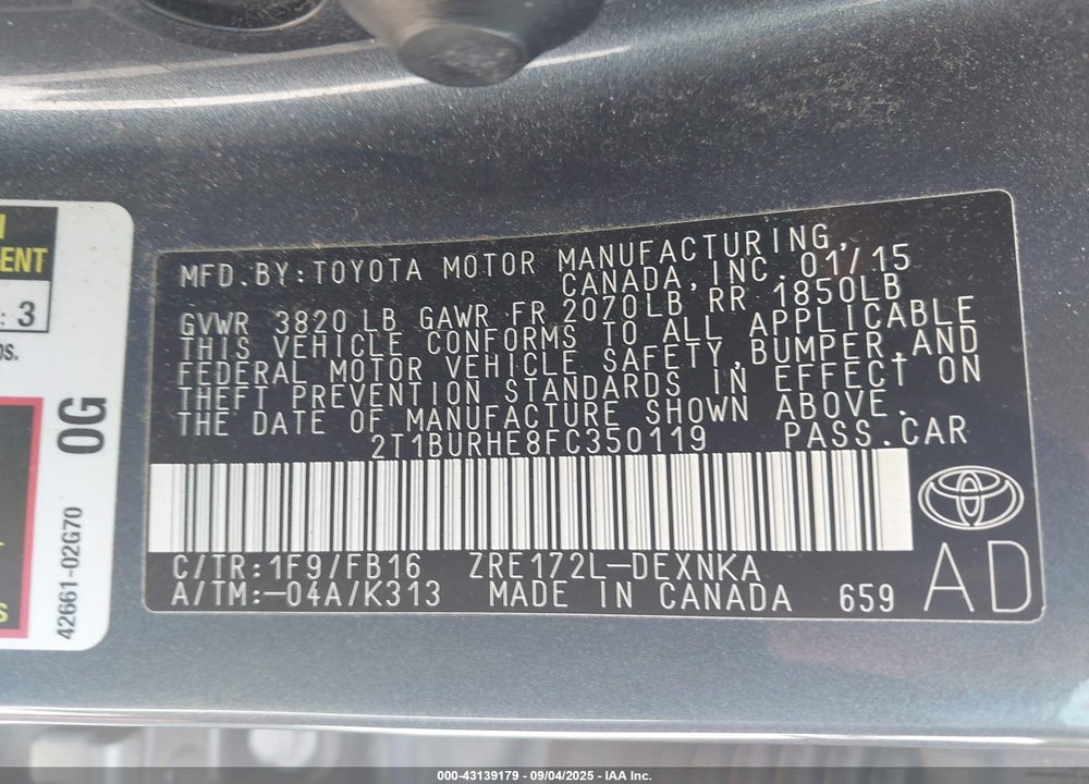 2015 TOYOTA COROLLA VIN: 2T1BURHE8FC350119