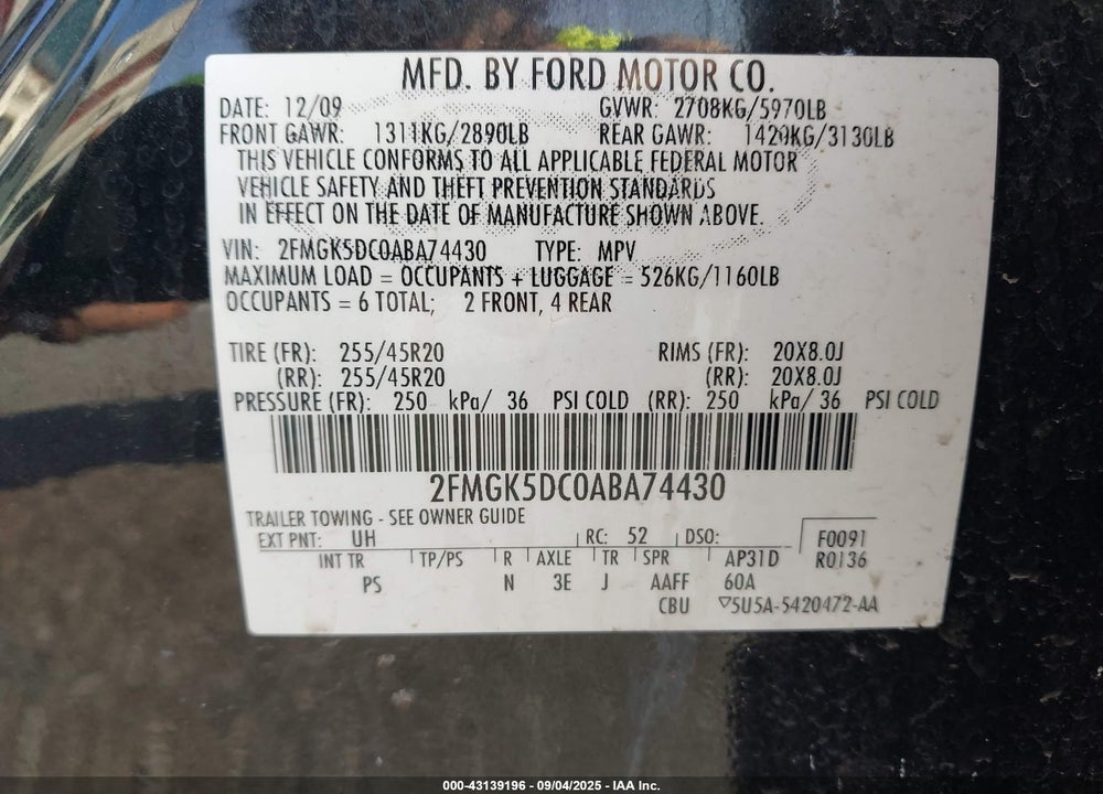 2010 FORD FLEX VIN: 2FMGK5DC0ABA74430