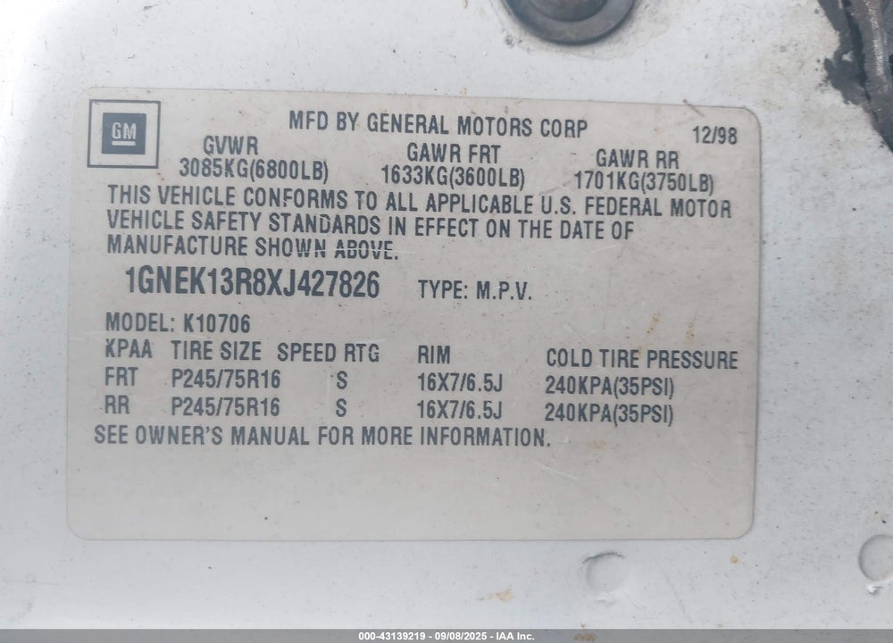 1999 CHEVROLET TAHOE LS VIN: 1GNEK13R8XJ427826
