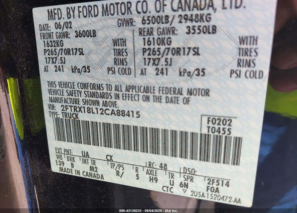 2002 FORD F-150 LARIAT/XL/XLT VIN: 2FTRX18L12CA88415