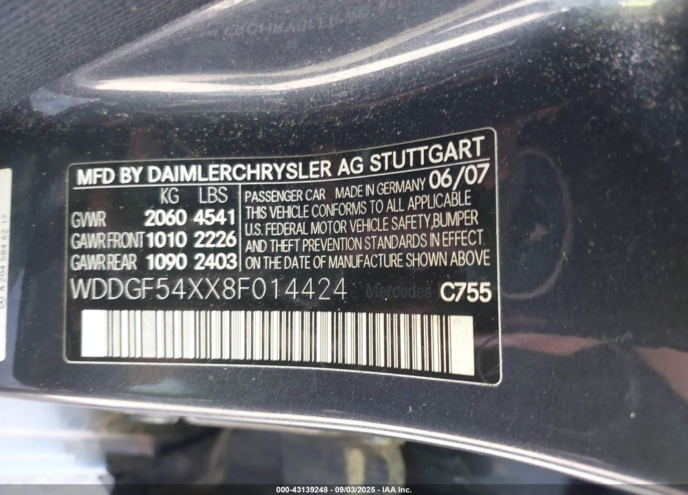 2008 MERCEDES-BENZ C CLASS VIN: WDDGF54XX8F014424