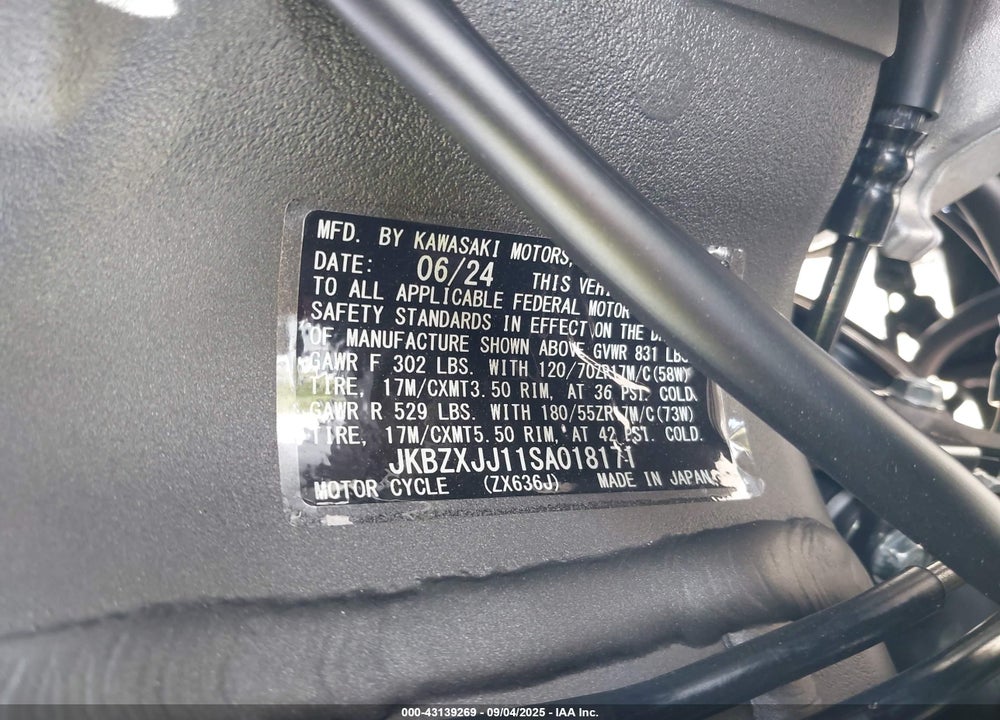 2025 KAWASAKI ZX636 K VIN: JKBZXJJ11SA018171