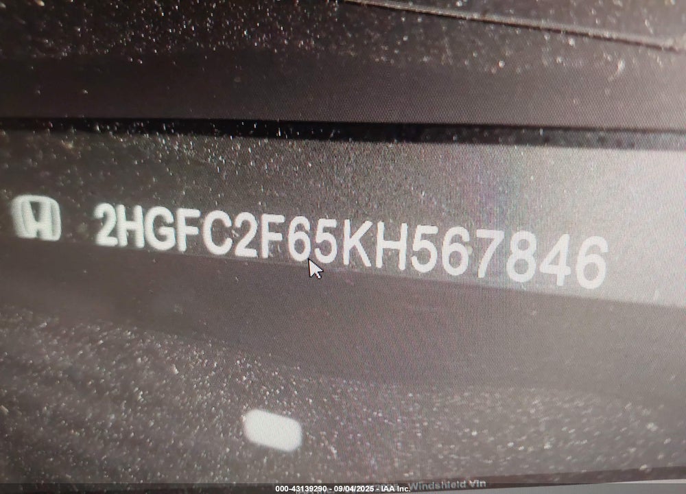 2019 HONDA CIVIC VIN: 2HGFC2F65KH567846