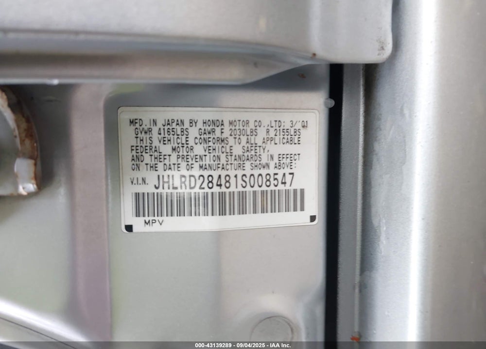 2001 HONDA CR-V LX VIN: JHLRD28481S008547