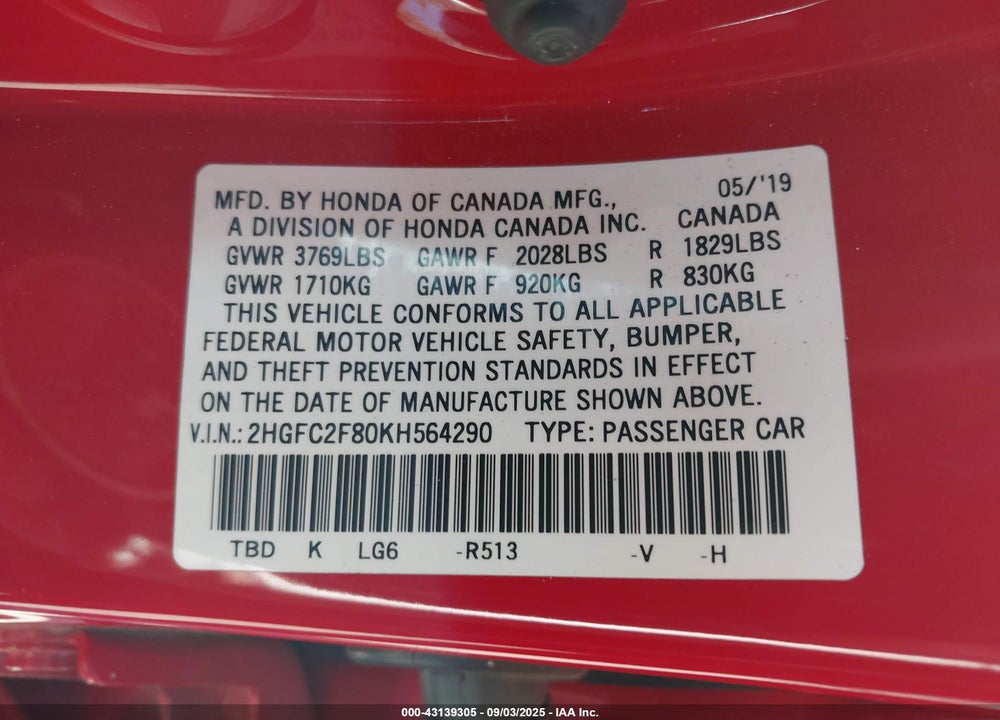 2019 HONDA CIVIC SPORT VIN: 2HGFC2F80KH564290
