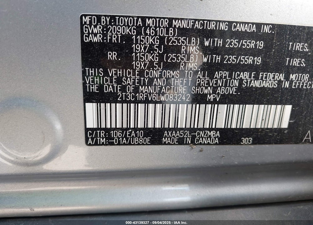 2020 TOYOTA RAV4 VIN: 2T3C1RFV6LW083242