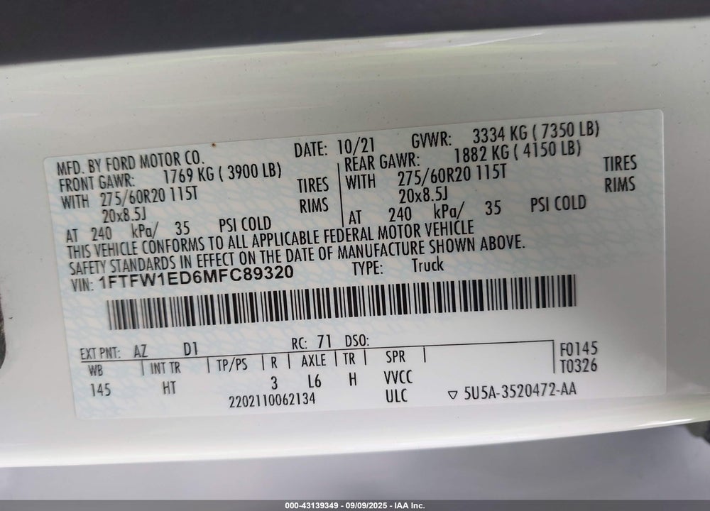 2021 FORD F-150 VIN: 1FTFW1ED6MFC89320
